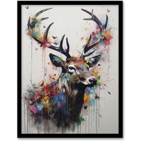 Artery8 Modern Monarch Of The Glen Stag Painting With Butterflies Art Print Framed Poster Wall Decor 12x16 inch in Black | Size: W12" x H16"