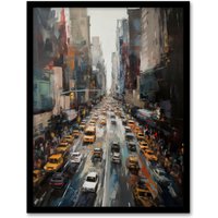 Artery8 NYC New York Rush Hour Traffic Acrylic Painting 5th Avenue Yellow Cabs Artwork Framed Wall Art Print A4 in Black