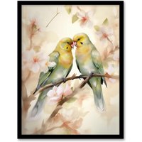 Artery8 Two Lovebirds Cherry Blossom Watercolour Pair Perched Artwork Framed Wall Art Print A4 in Black