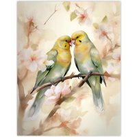 Artery8 Two Lovebirds Cherry Blossom Watercolour Pair Perched Large Wall Art Poster Print Thick Paper 18X24 Inch | Size: W18" x H24"
