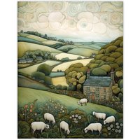 Artery8 Sleepy England By Celia Hapton Quirky Lake District Scene Rolling Hills Grazing Sheep Extra Large XL Wall Art Poster Print | Size: W24" x H32"