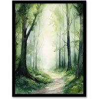 Artery8 Sage Green Springtime By Kath Raymond Forest Trees Soft & Dreamy Watercolour Painting Art Print Framed Poster Wall Decor 12x16 inch