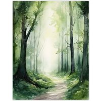 Artery8 Sage Green Springtime By Kath Raymond Forest Trees Soft & Dreamy Watercolour Painting Extra Large XL Wall Art Poster Print | Size: W24" x H32"