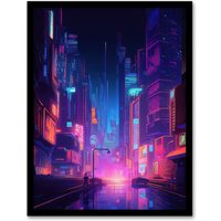 Artery8 Synthpop City Modern Neon Futuristic Cityscape Blue Purple Artwork Framed Wall Art Print A4 in Black