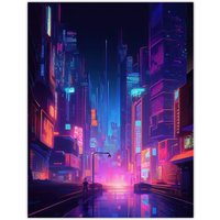 Artery8 Synthpop City Modern Neon Futuristic Cityscape Blue Purple Unframed Wall Art Print Poster Home Decor Premium | Size: W12" x H16"
