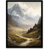 Artery8 The Alps Path Switzerland Mountains A Panoramic Landscape Painting Artwork Framed Wall Art Print A4 in Black