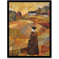 Artery8 Our Harvest Fields By Jenny Adamson Autumn Farm Klimt Warm Orange Ochre Pastel Shades Artwork Framed Wall Art Print A4 in Black