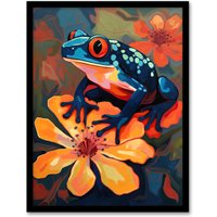 Artery8 Tropical Blue Frog On Orange Flower Striking Oil Painting Amazon Jungle Artwork Framed Wall Art Print A4 in Black