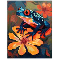 Artery8 Tropical Blue Frog On Orange Flower Striking Oil Painting Amazon Jungle Large Wall Art Poster Print Thick Paper 18X24 Inch | Size: W18" x H24"