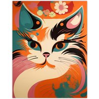 Artery8 Wall Art Print Cat Graphic 1960s Painting Orange Blue Teal Pink Floral Retro Boho Animal Portrait Poster | Size: W18" x H24"