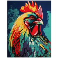 Artery8 Wall Art Print Cockerel Rooster Chicken Hen Screen Red Yellow Turquoise Vibrant Bold Bright Colourful Painting Poster | Size: W18" x H24"