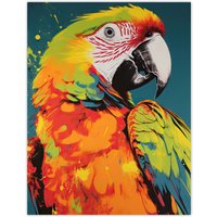 Artery8 Wall Art Print Macaw Parrot Neon Orange Green On Teal Exotic Bird Artwork Vibrant Bold Bright Colourful Painting Poster | Size: W18" x H24"