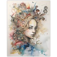 Artery8 Wall Art Print Alice In Wonderland Portrait Watercolour Whimsical Magical Adventure Painting Poster in Beige | Size: W18" x H24"