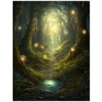 Artery8 Wall Art Print Enchanted Forest Path Oil Painting Fantasy Landscape Fairy Land Lanterns Moss Covered Trees Colourful Magical Nature Mystical