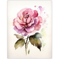 Artery8 Wall Art Print Pink Rose Bloom Simple Watercolour Painting Single Flower Valentines Love Nature Colourful Bright Floral Modern Artwork Poster
