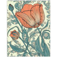 Artery8 Wall Art Print Tulip Flower Pattern Detail William Morris Style Painting Teal Blue Coral Pink Spring Blooms Nature Colourful Bright Floral
