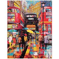 Artery8 Wall Art Print London Street In Neon Colours Oil Painting Rainy Day In Busy City Centre Street Vibrant Colourful Bold Pop Art Modern Painting