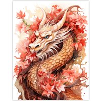Artery8 Wall Art Print Fantasy Dragon Serpent Horned Floral Pink Orange 2024 China Year Of The Dragon Poster in Red | Size: W18" x H24"