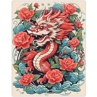 Artery8 Wall Art Print Fantasy Dragon Red Blue Ornate Mythical 2024 China Year Of The Dragon Poster | Size: W18" x H24"