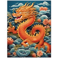 Artery8 Wall Art Print Fantasy China Dragon Traditional Orange Clouds 2024 China Year Of The Dragon Poster in Red | Size: W18" x H24"