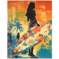 Artery8 Wall Art Print Hawaiian Surf Retro Palm Tree Floral In Blue & Orange Vibrant Bold Bright Colourful Painting Poster | Size: W24" x H32"