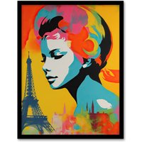 Artery8 Wall Art Print I Left My Heart In Paris Vibrant Painting Retro Woman Portrait With Eiffel Tower Cityscape Art Framed | Size: A4