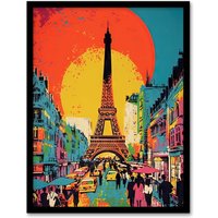 Artery8 Wall Art Print Eiffel Tower Sunset Vibrant Painting Busy Paris Street Pedestrians Walking To Monument Art Framed | Size: A4