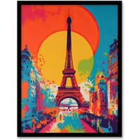 Artery8 Wall Art Print Eiffel Tower Sunset Vibrant Painting Pedestrians Walking To Monument Busy Paris Street Large Sun Art Framed | Size: A4