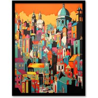 Artery8 Wall Art Print Rome Vertical Cityscape Vibrant Graphic Painting Italian City Architecture Bold Colours Art Framed | Size: A4
