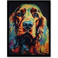 Artery8 Wall Art Print English Cocker Spaniel Cute Pet Dog Portrait Artwork Vibrant Bold Bright Colourful Painting Art Framed | Size: A4