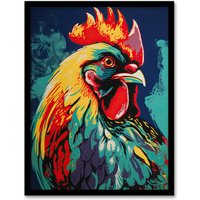 Artery8 Wall Art Print Cockerel Rooster Chicken Hen Screen Red Yellow Turquoise Vibrant Bold Bright Colourful Painting Art Framed | Size: A4