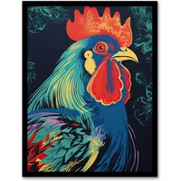 Artery8 Wall Art Print Rooster Hen Cock Chicken Artwork In Blue Red Vibrant Bold Bright Colourful Painting Art Framed | Size: A4