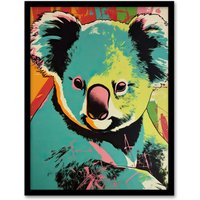 Artery8 Wall Art Print Koala Bear Abstract Teal & Orange Artwork Animal Portrait Vibrant Bold Bright Colourful Painting Art Framed | Size: A4