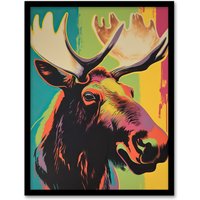 Artery8 Wall Art Print Canadian Moose Psychedelic Animal Portrait Screen Artwork Vibrant Bold Bright Colourful Painting Art Framed | Size: A4