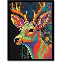 Artery8 Wall Art Print Psychedelic Buck Multicoloured Deer Abstract Painting Vibrant Bold Bright Colourful Painting Art Framed | Size: A4