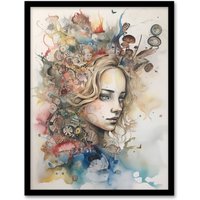 Artery8 Wall Art Print Alice In Wonderland Portrait Watercolour Whimsical Magical Adventure Painting Art Framed in Beige | Size: A4