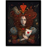 Artery8 Wall Art Print Alice In Wonderland Queen Of Hearts Whimsical Magical Adventure Painting Art Framed in Red | Size: A4