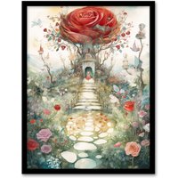 Artery8 Wall Art Print Alice In Wonderland Painting Red Roses Queen Hearts Whimsical Magical Adventure Painting Art Framed | Size: A4