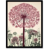 Artery8 Wall Art Print Allium Flower Blooms Linocut Painting Pink Green Wildflower Spring Field Nature Colourful Bright Floral Modern Artwork Art