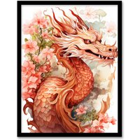 Artery8 Wall Art Print Fantasy Dragon Serpent Floral Pink Orange 2024 China Year Of The Dragon Art Framed in Red | Size: A4