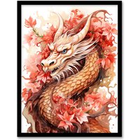 Artery8 Wall Art Print Fantasy Dragon Serpent Horned Floral Pink Orange 2024 China Year Of The Dragon Art Framed in Red | Size: A4