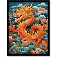 Artery8 Wall Art Print Fantasy China Dragon Traditional Orange Clouds 2024 China Year Of The Dragon Art Framed in Red | Size: A4