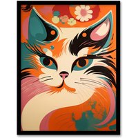 Artery8 Wall Art Print Cat Graphic 1960s Painting Orange Blue Teal Pink Floral Retro Boho Animal Portrait Art Framed | Size: W12" x H16"