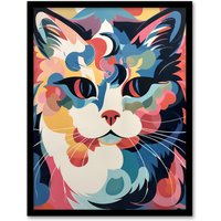Artery8 Wall Art Print Cat Graphic 1960s Abstract Painting Pastel Colour Retro Boho Animal Portrait Art Framed | Size: W12" x H16"