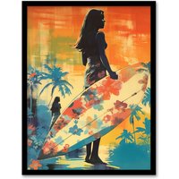 Artery8 Wall Art Print Hawaiian Surf Retro Palm Tree Floral In Blue & Orange Vibrant Bold Bright Colourful Painting Art Framed | Size: W12" x H16"