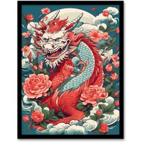 Artery8 Wall Art Print Fantasy Horned Dragon Flowers Clouds Scales 2024 China Year Of The Dragon Art Framed in Red | Size: W12" x H16"
