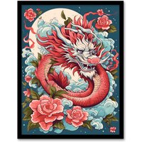 Artery8 Wall Art Print Fantasy Dragon Floral Red Blue Roses 2024 China Year Of The Dragon Art Framed | Size: W12" x H16"