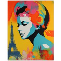 Artery8 Wall Art Print I Left My Heart In Paris Vibrant Painting Retro Woman Portrait With Eiffel Tower Cityscape Poster | Size: W12" x H16"
