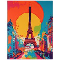 Artery8 Wall Art Print Eiffel Tower Sunset Vibrant Painting Pedestrians Walking To Monument Busy Paris Street Large Sun Poster | Size: W12" x H16"