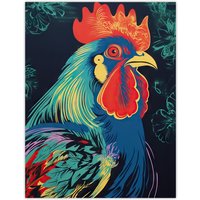 Artery8 Wall Art Print Rooster Hen Cock Chicken Artwork In Blue Red Vibrant Bold Bright Colourful Painting Poster | Size: W12" x H16"